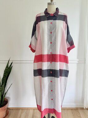 Vintage Plaid Shirt Dress Oversized Button Down Pink Gray White Casual